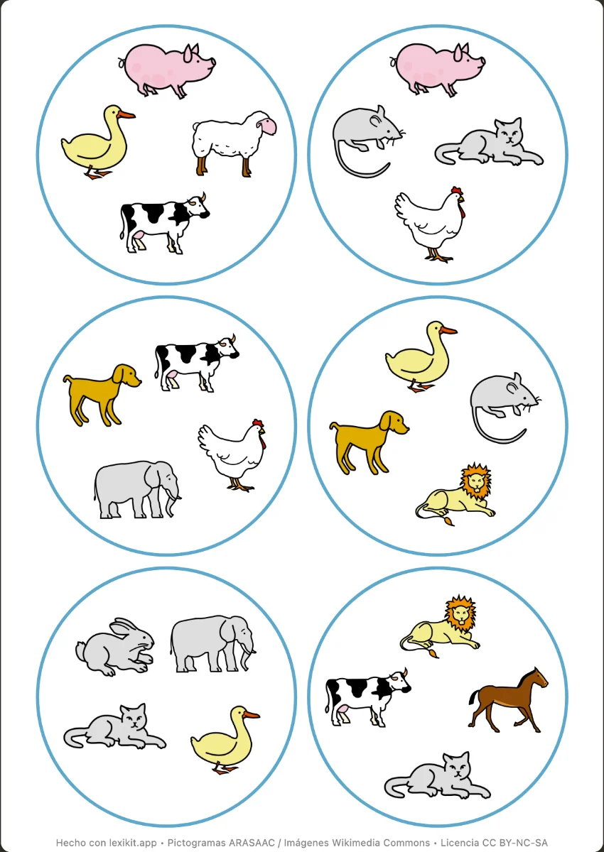 Cartas redondas de un juego tipo Dobble con imágenes de animales
