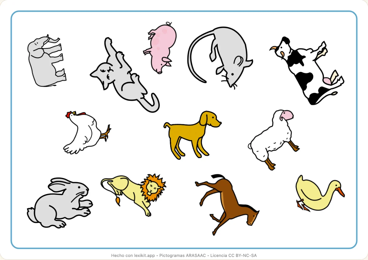 Tablero de un juego tipo Lince con imágenes de animales desordenadas