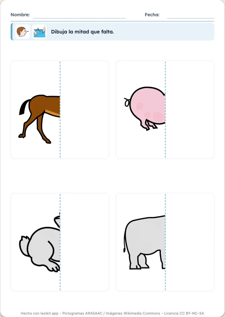 Ficha en la que hay que dibujar la mitad que falta de cada imagen