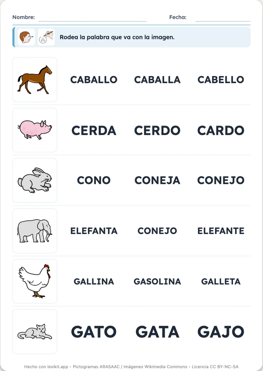 Ficha donde la palabra de cada imagen se rodea entre palabras parecidas