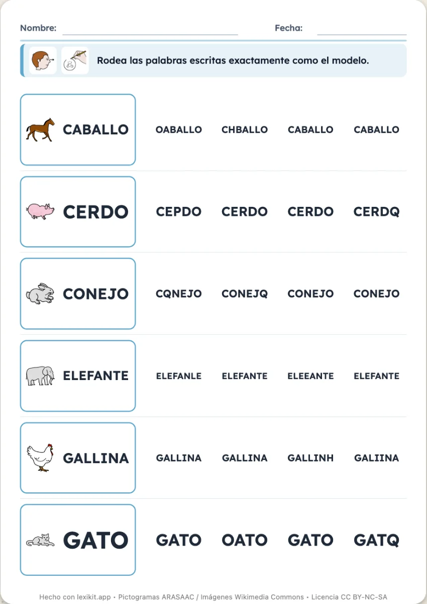 Ficha en la que hay que encontrar la palabra modelo entre palabras parecidas