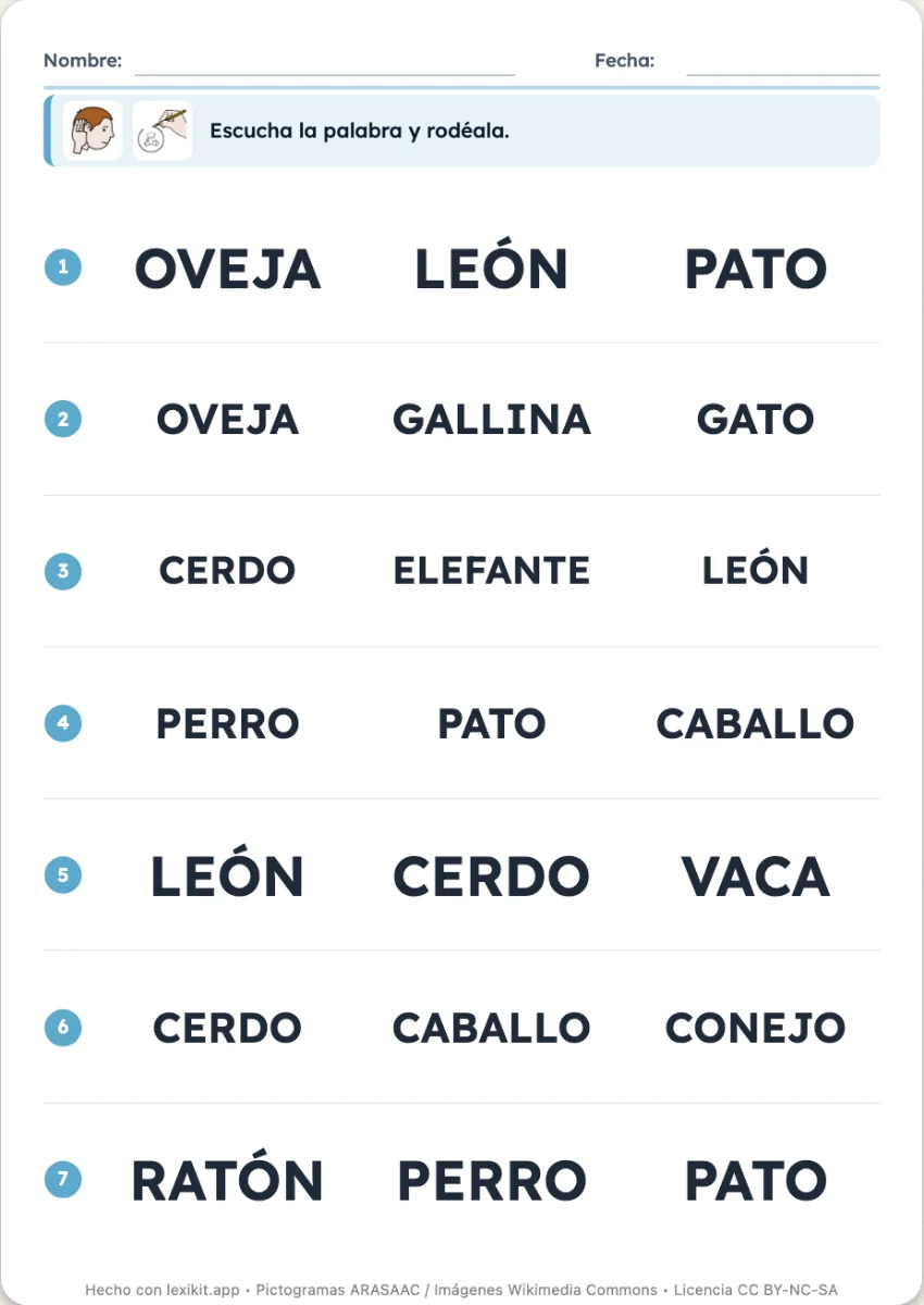 Ficha de líneas numeradas donde se rodea la palabra oída
