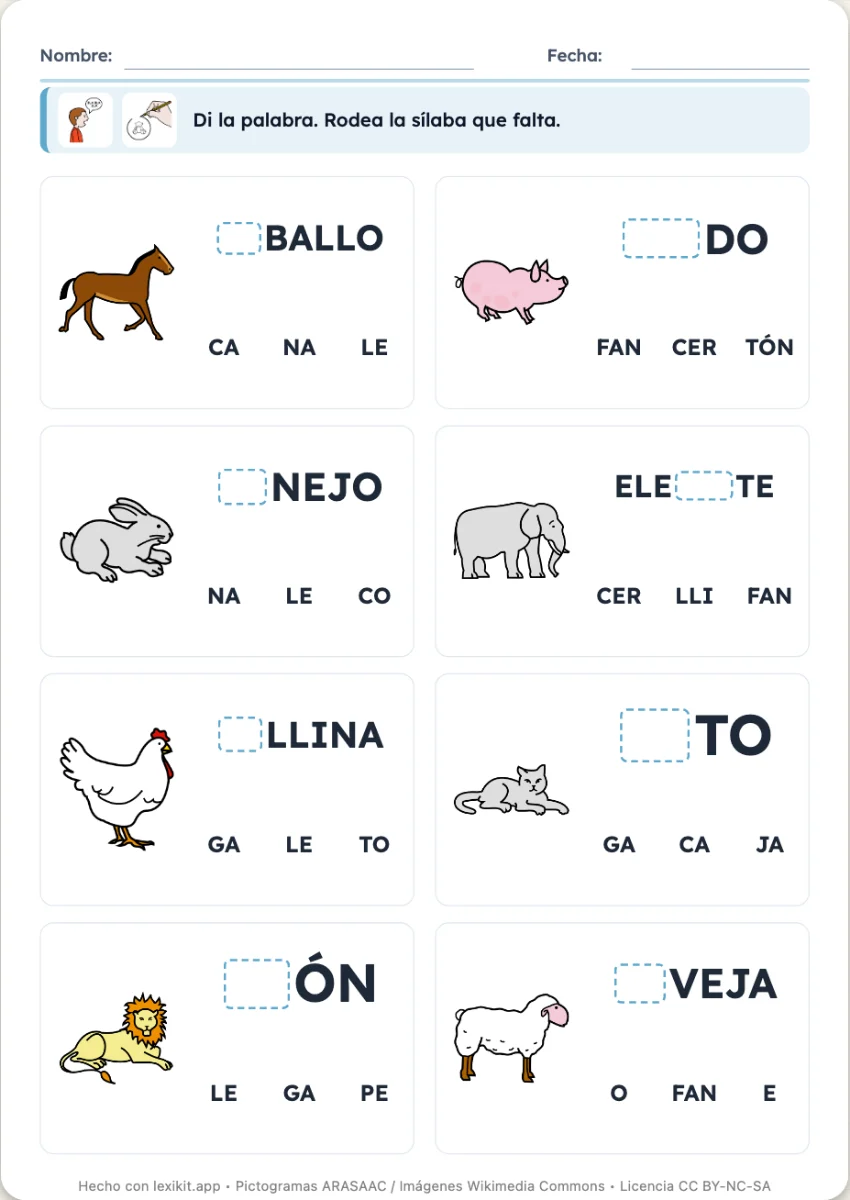 Ficha donde a cada palabra le falta una sílaba que se rodea entre varias