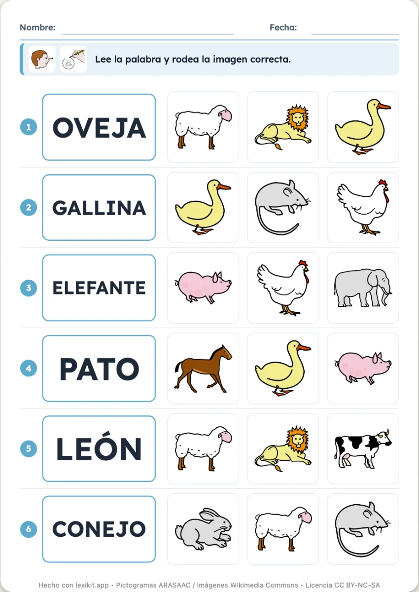 Ficha donde cada palabra escrita se asocia a su imagen entre varias