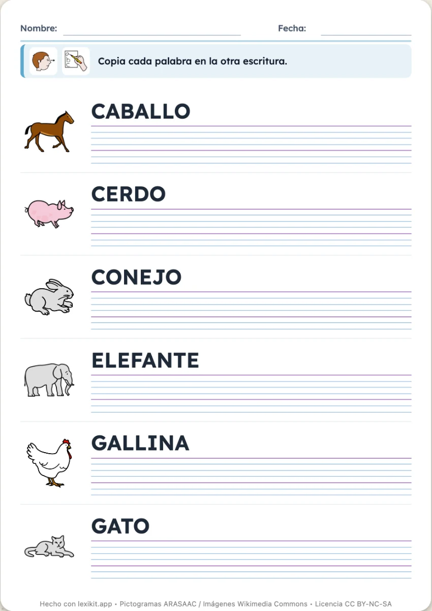 Ficha en la que las palabras en mayúsculas se copian en imprenta