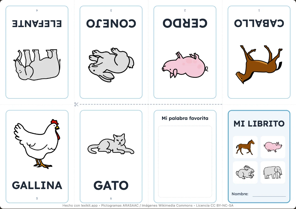 Hoja A4 de un minilibro de 8 páginas con imágenes de animales