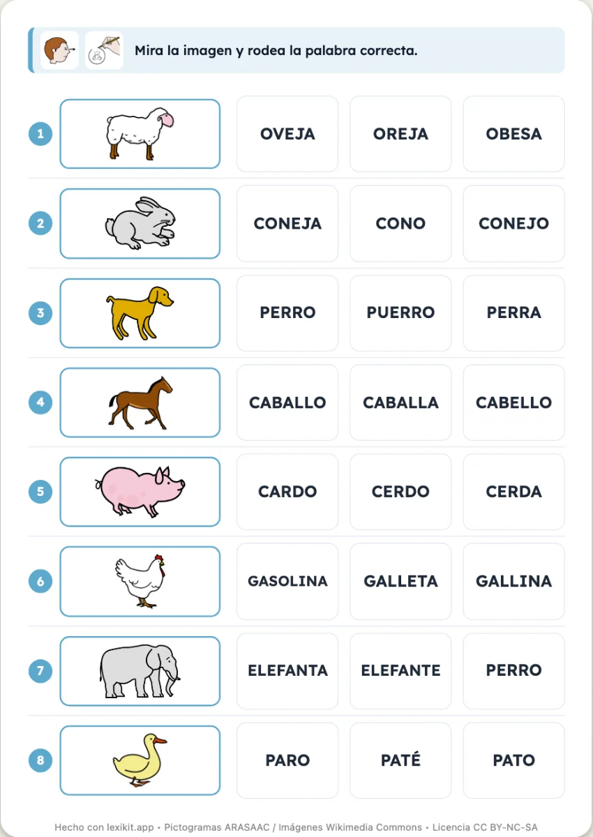 Ficha donde la palabra de cada imagen se rodea entre palabras parecidas