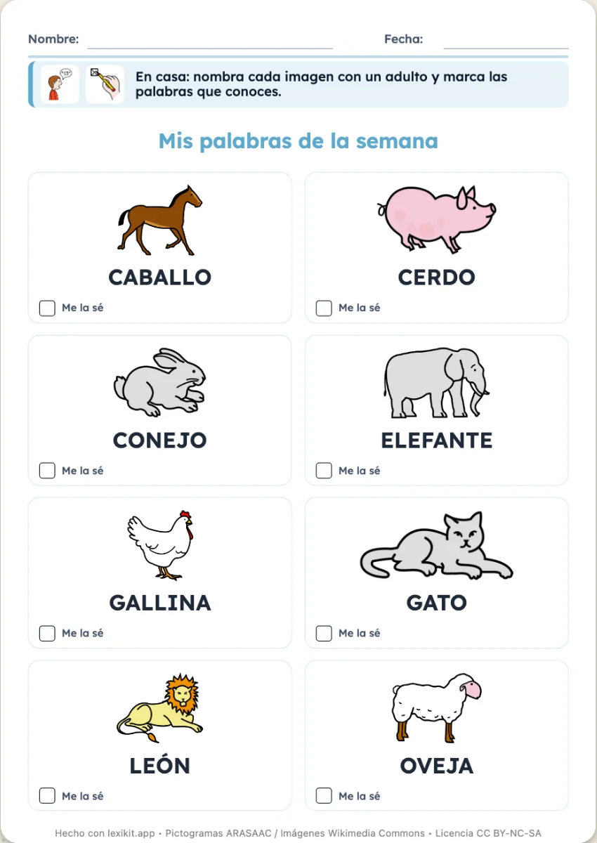 Página «Mis palabras de la semana» con imágenes, palabras y casillas para marcar