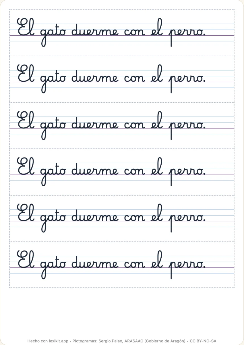 Una página de modelos de escritura: la misma frase en una pauta, en tiras para recortar