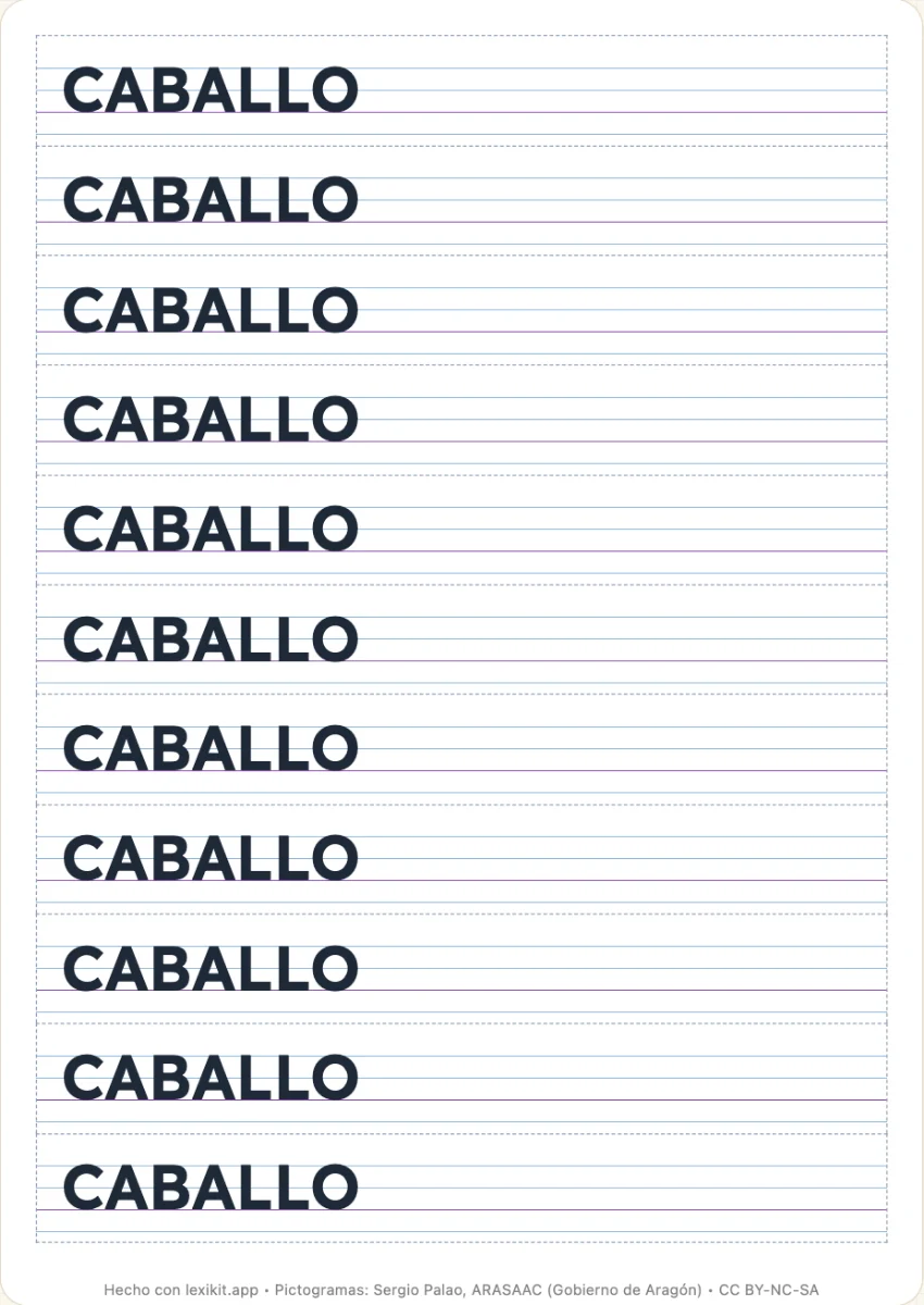 Una página de modelos de escritura: la misma palabra en una pauta, en tiras para recortar