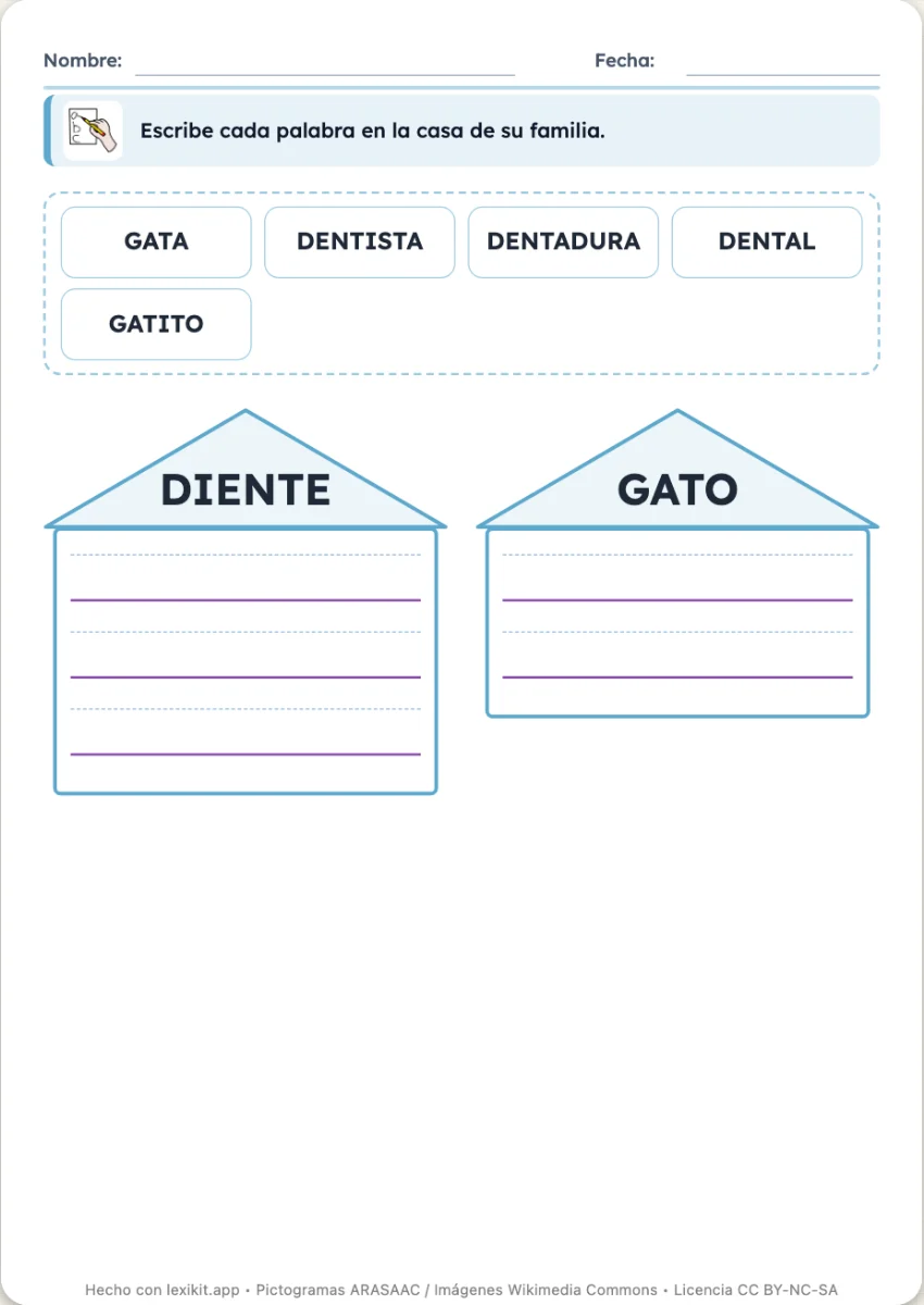Ficha con palabras mezcladas y dos casas, diente y gato, donde escribirlas