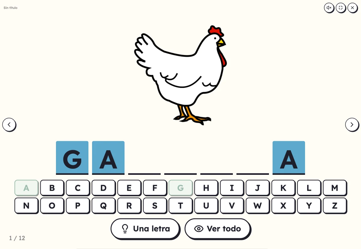 Palabra misteriosa en pantalla: las casillas de una palabra para completar, el alfabeto y la imagen de un animal