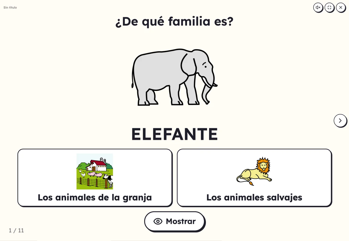 ¿De qué familia es? en pantalla: un gato y las cajas de los animales y las frutas