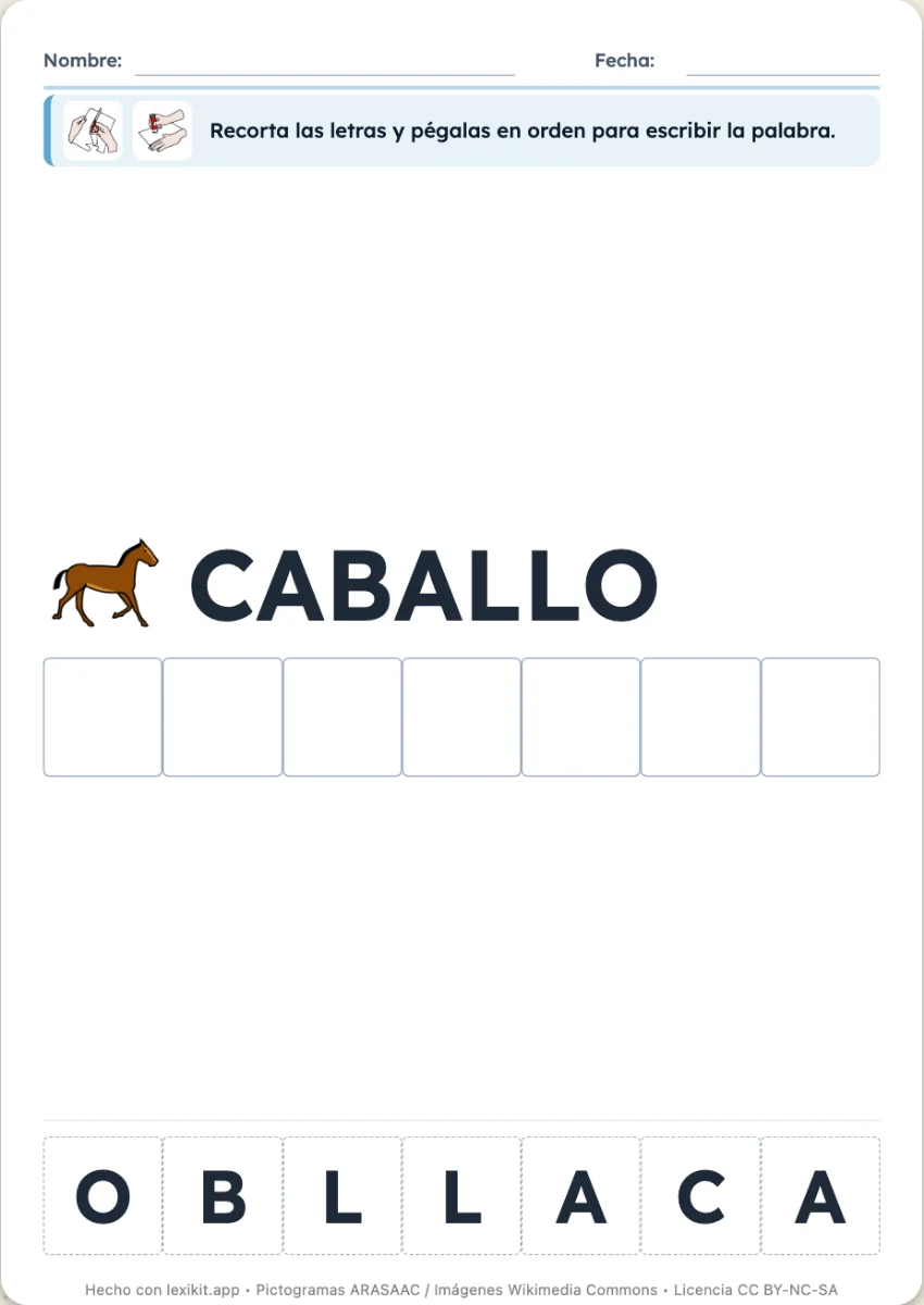 Ficha en la que las letras de una palabra se recortan y se pegan en casillas