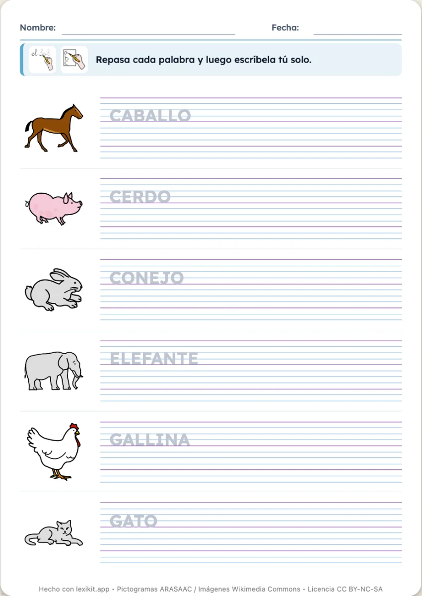 Ficha de palabras para repasar con imágenes y pauta Seyès