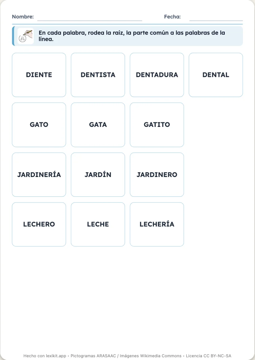 Ficha con líneas de palabras de una misma familia, la raíz para rodear