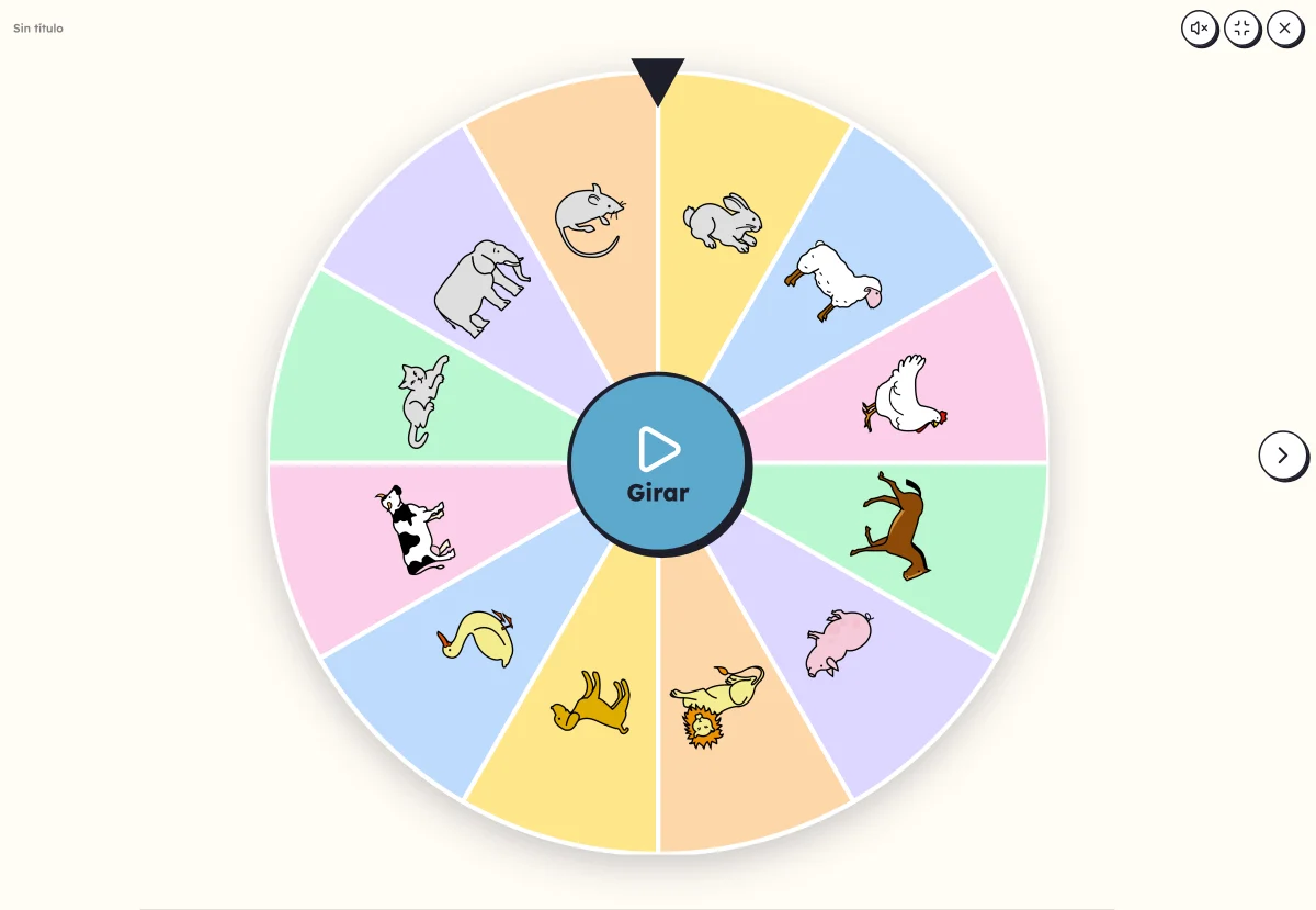 Ruleta de imágenes en pantalla: doce animales en una ruleta para hacer girar