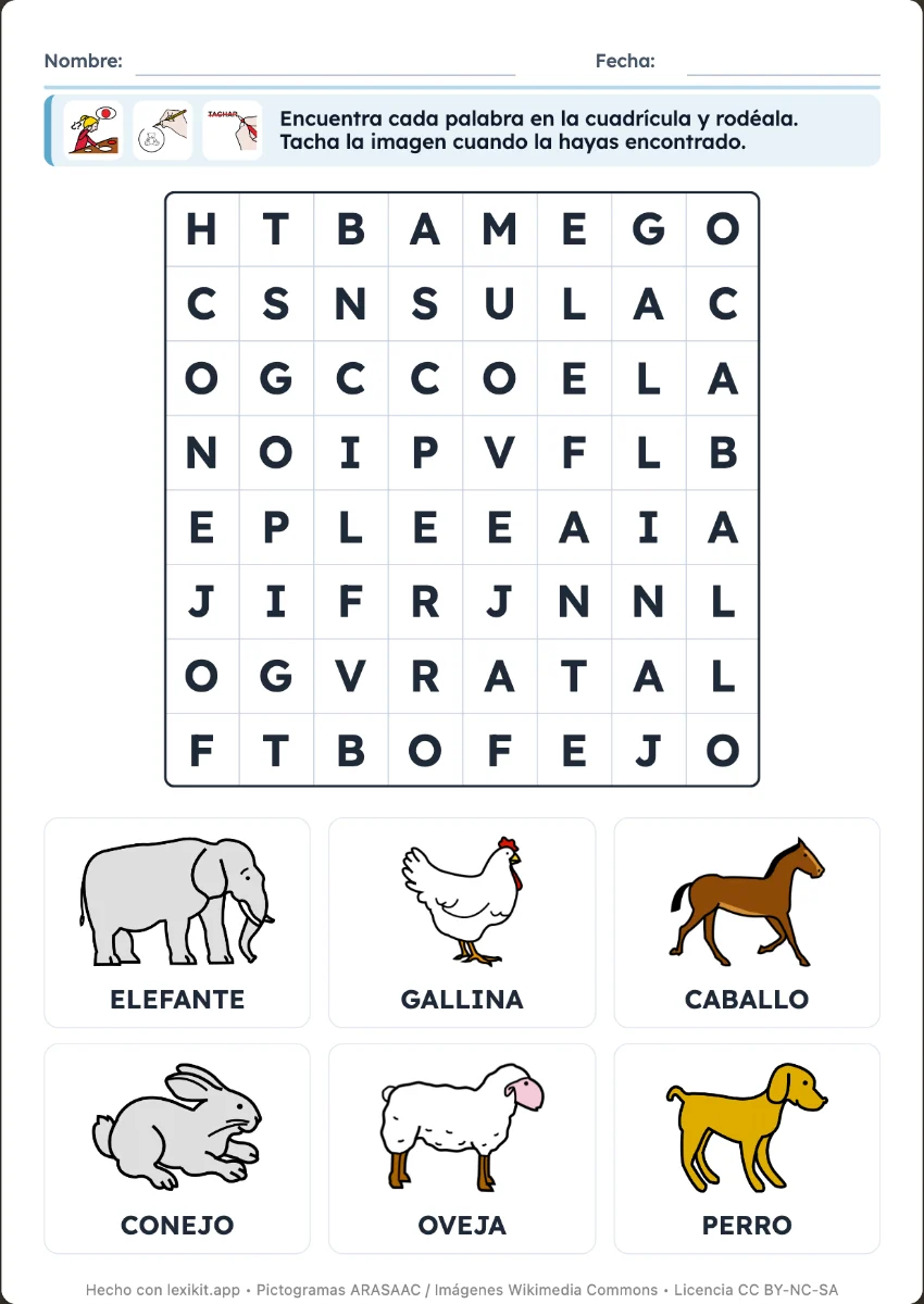 Sopa de letras con la lista de palabras ilustrada