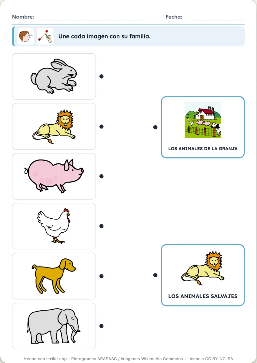 Ficha en la que hay que unir cada imagen con la caja de su familia