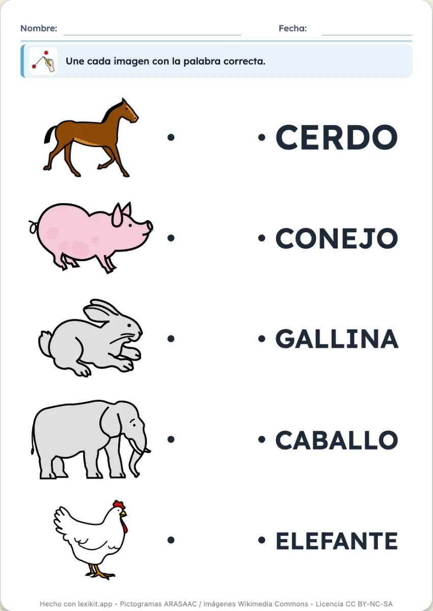 Ficha en la que las imágenes se unen con sus palabras
