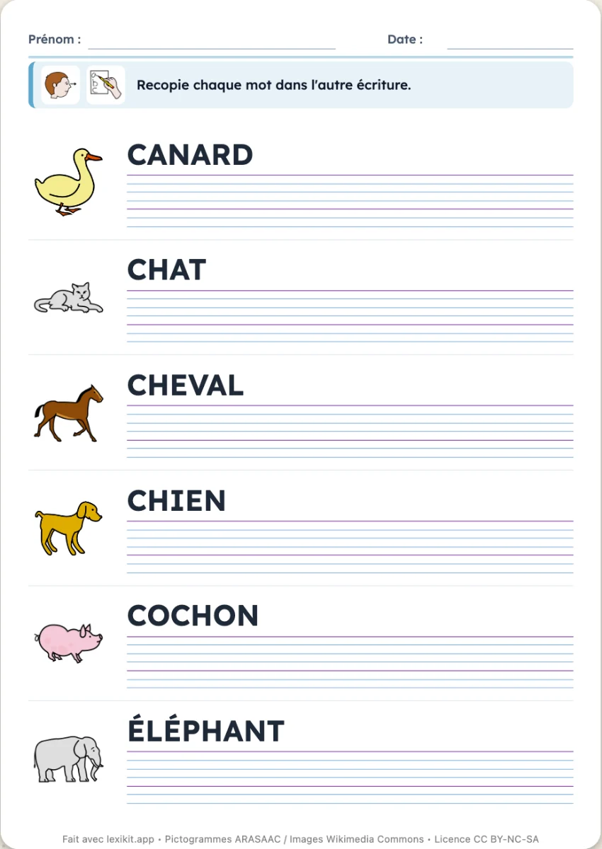Fiche où des mots en capitales sont à recopier en script