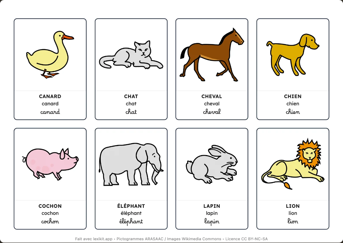 Planche de cartes images d'animaux avec leur mot