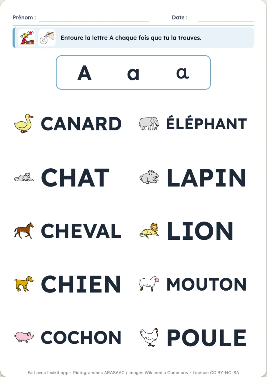 Fiche de chasse à la lettre avec des mots illustrés