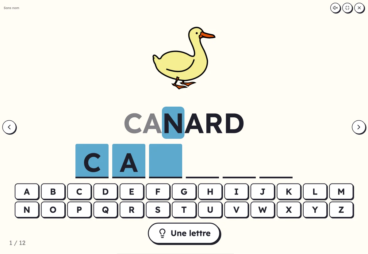 Clavier de lettres à l'écran : un mot à écrire avec les lettres de l'alphabet