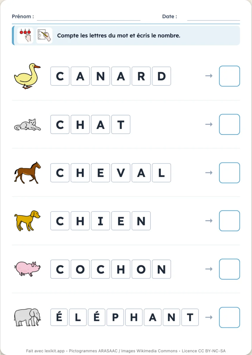 Fiche où l'on compte les lettres de chaque mot