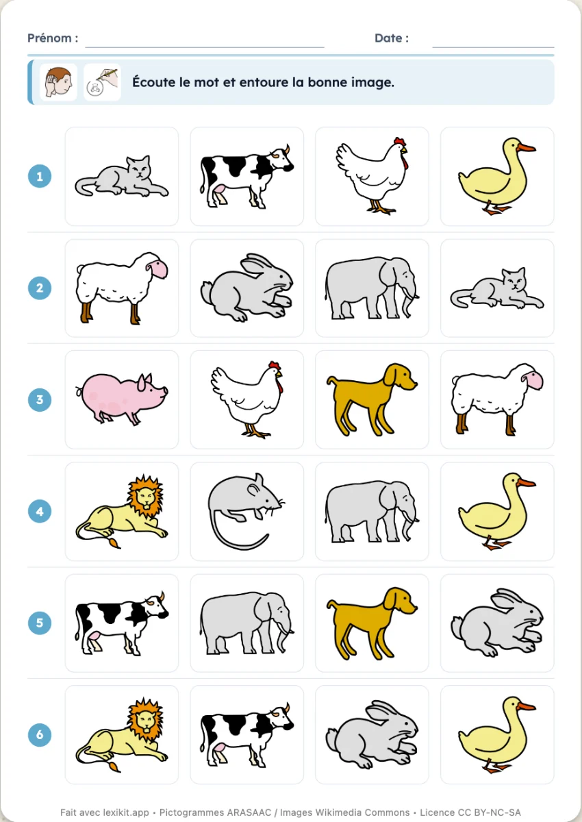 Fiche de dictée d'images avec plusieurs images par ligne