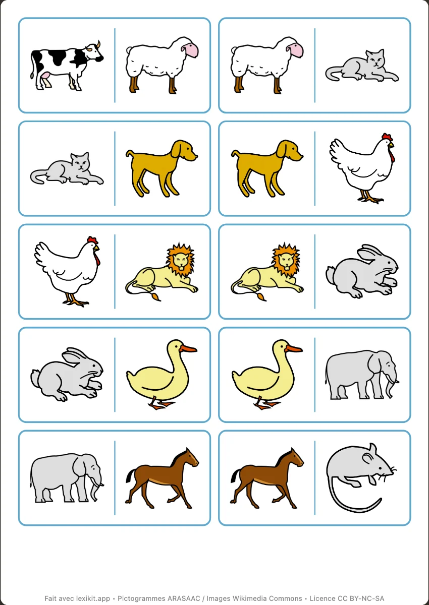 Planche de dominos illustrés d'animaux, prêts à découper