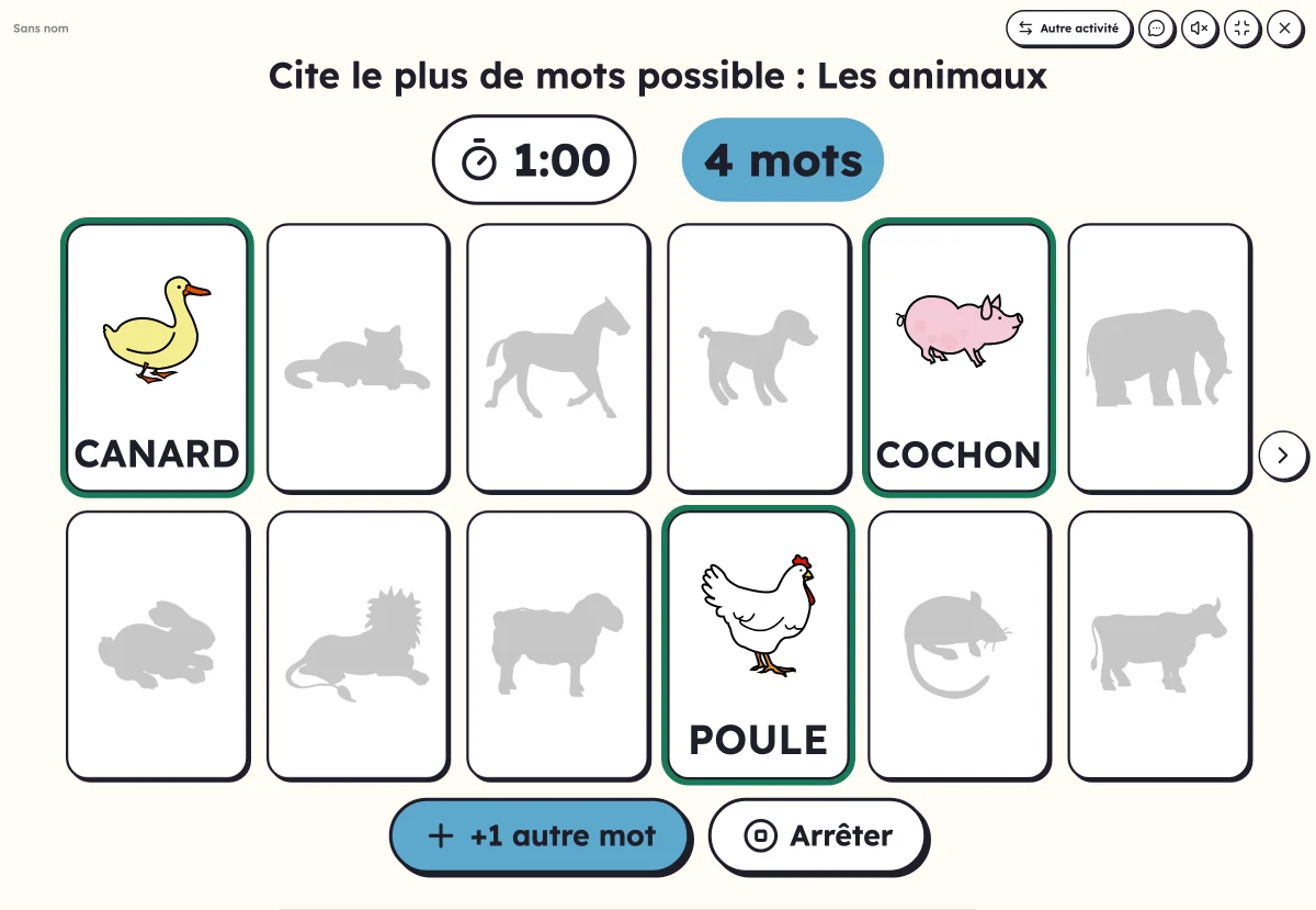 Activité En une minute à l'écran : le chrono, le compteur et les animaux en silhouettes