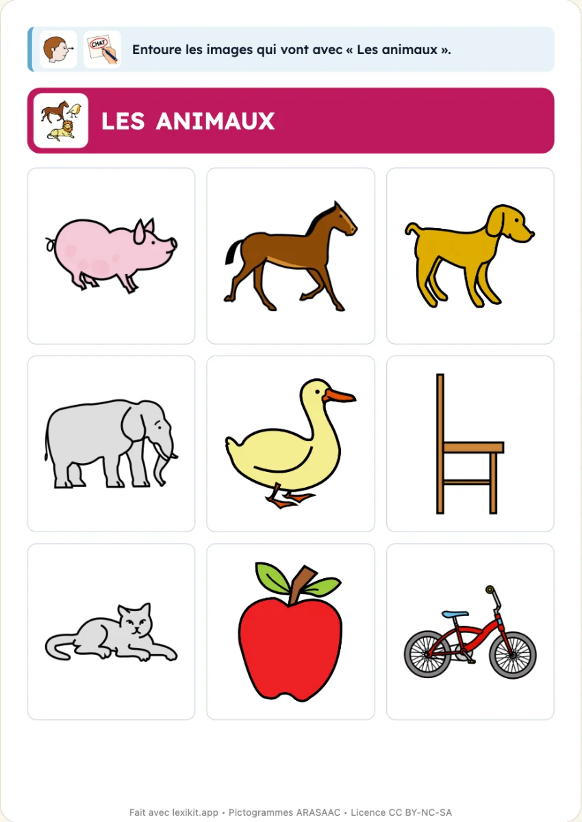 Fiche où entourer les images d'une catégorie parmi d'autres