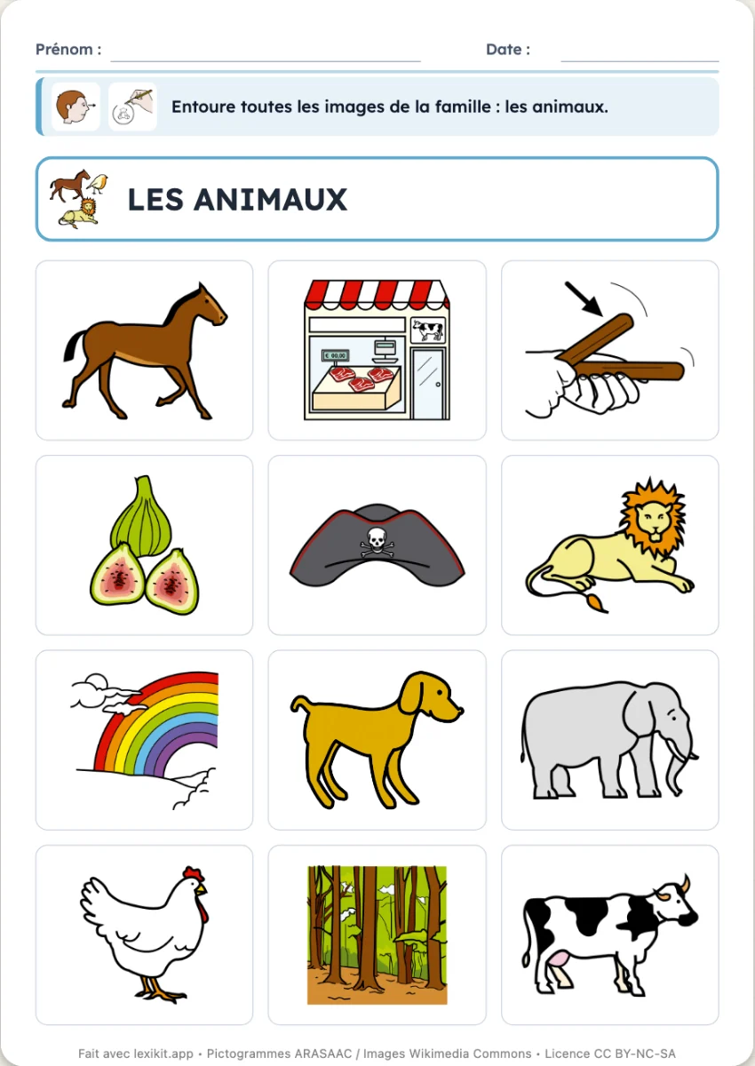 Fiche où entourer toutes les images d'une famille dans une grille