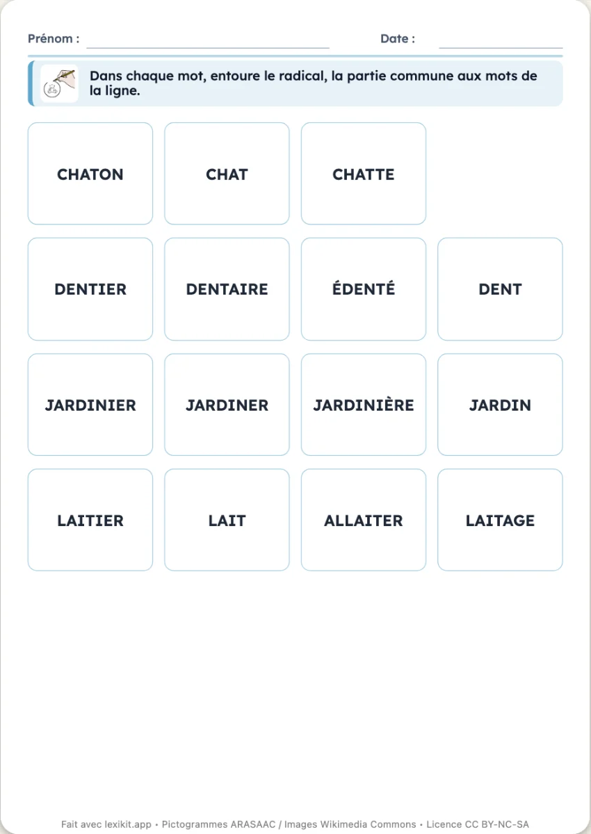 Fiche avec des lignes de mots d'une même famille, le radical à entourer