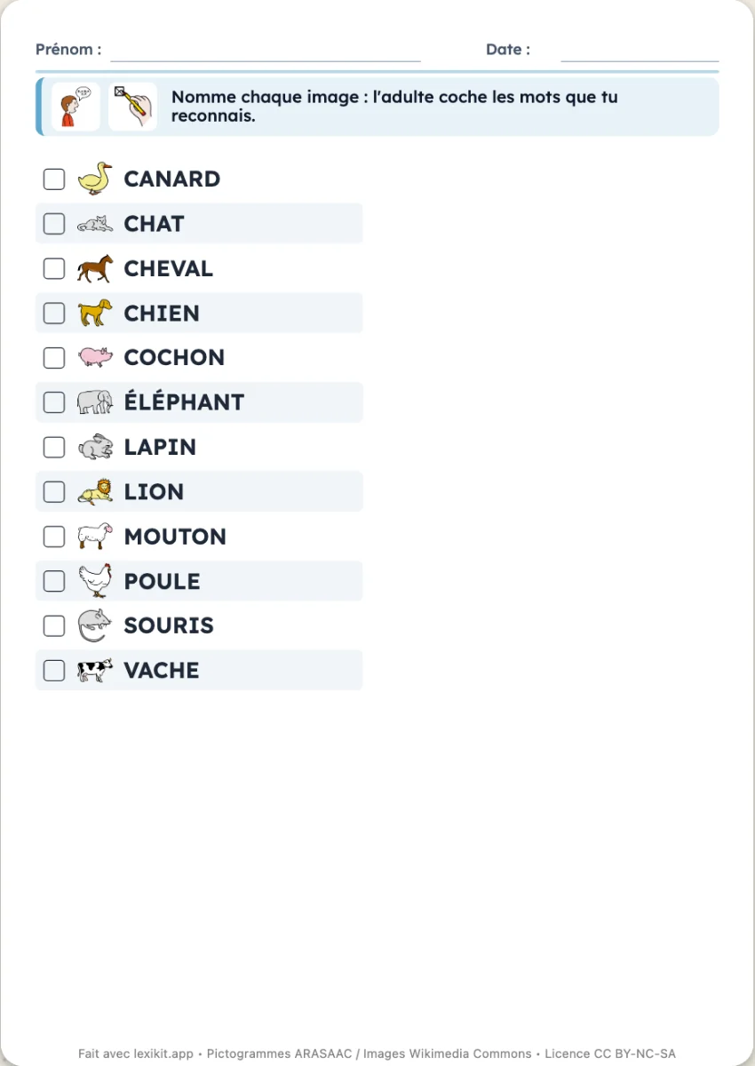 Grille d'évaluation avec un mot et des cases à cocher par ligne