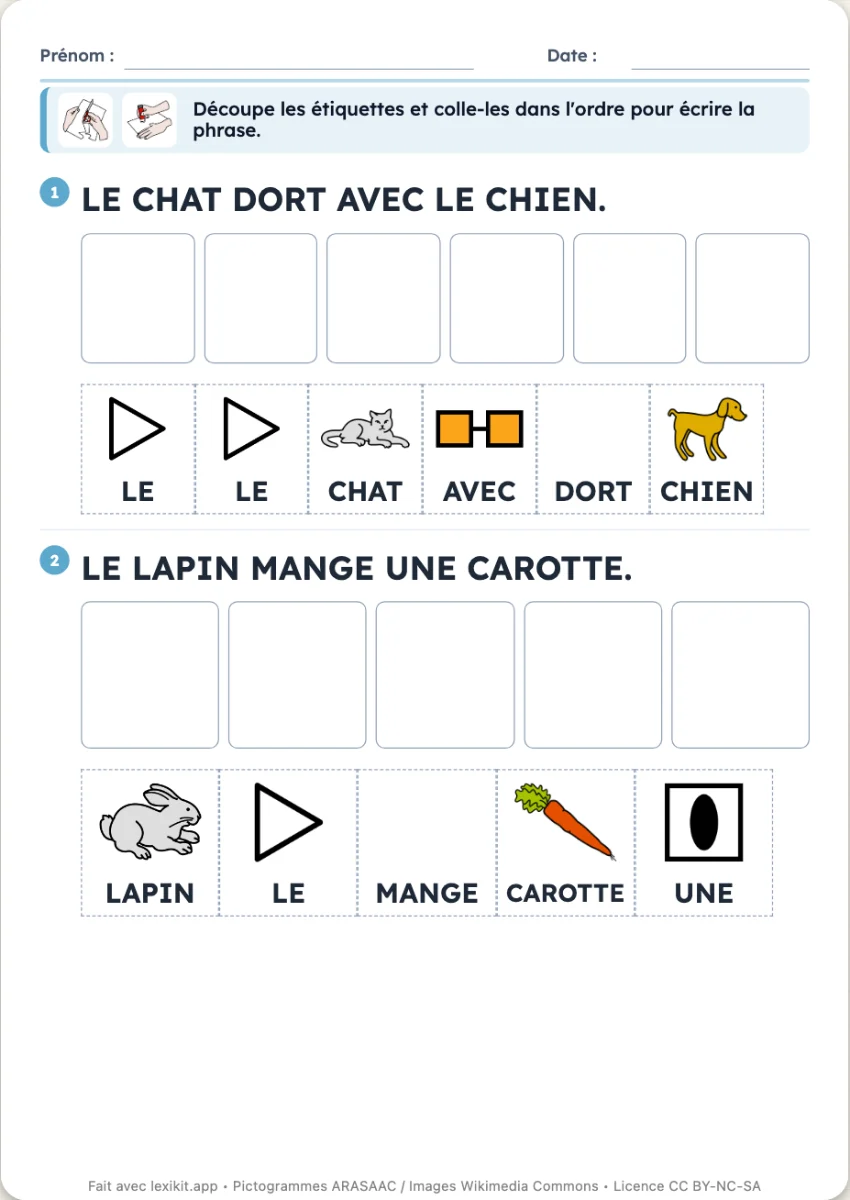 Fiche de phrases : les mots mélangés à découper et à coller dans l'ordre