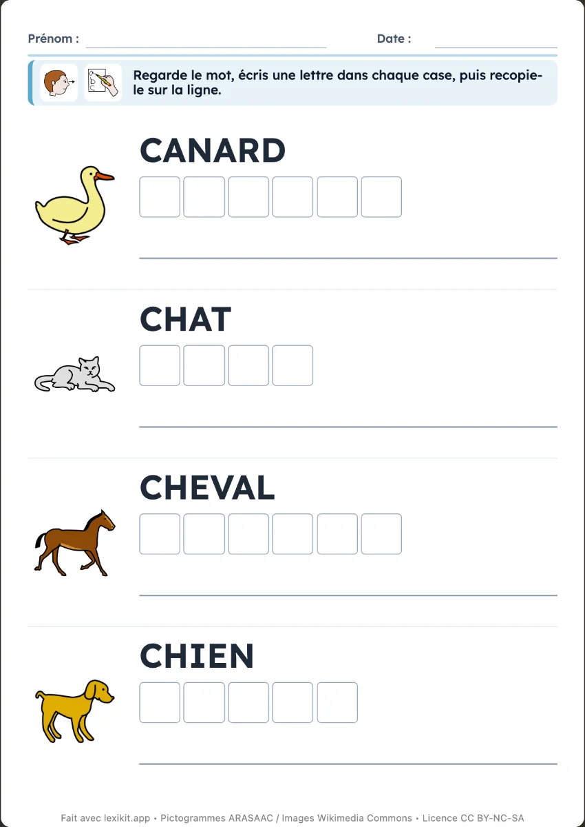 Fiche d'écriture avec images, mots modèles et lignes pour écrire