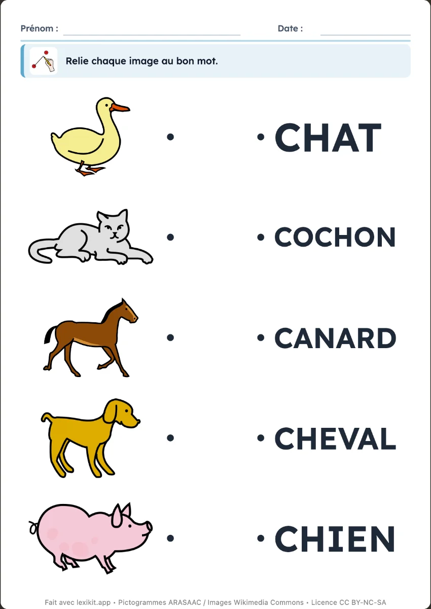 Fiche d'activités : relier chaque image à son mot