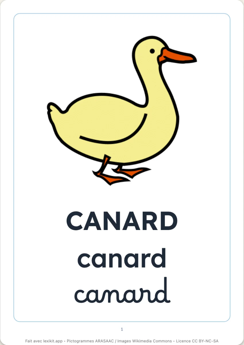 Page d'un imagier à imprimer : l'image d'un canard et son mot en capitales, en script et en cursive