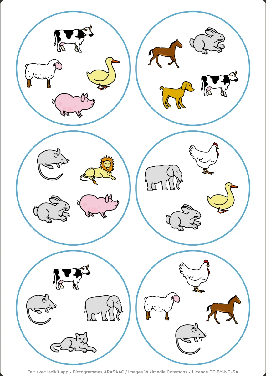 Cartes rondes d'un jeu type Dobble avec des images d'animaux