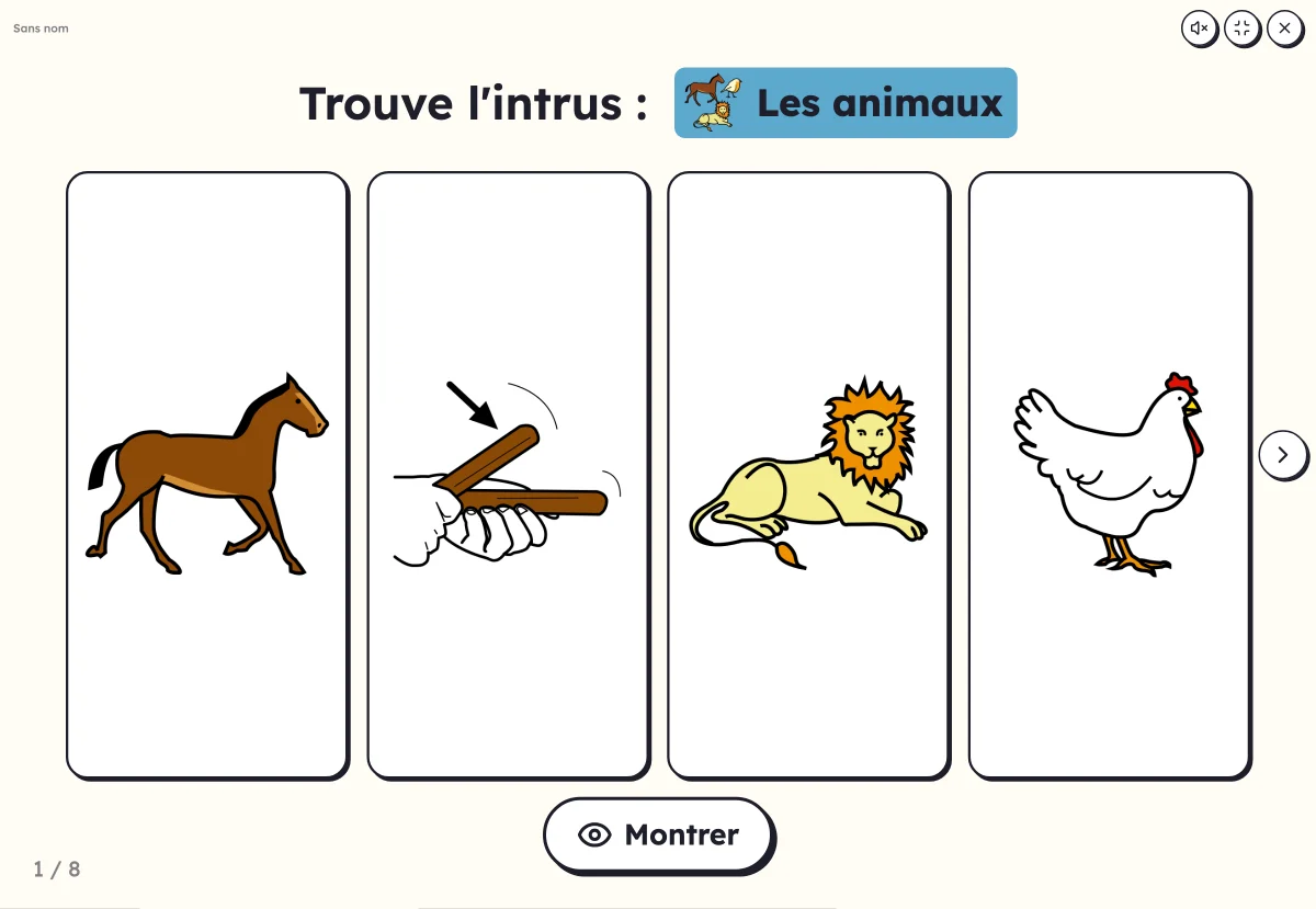 L'intrus à l'écran : quatre images, trois animaux et un fruit