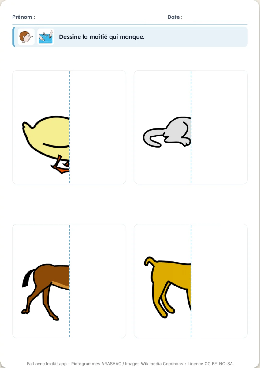 Fiche où la moitié manquante de chaque image est à dessiner