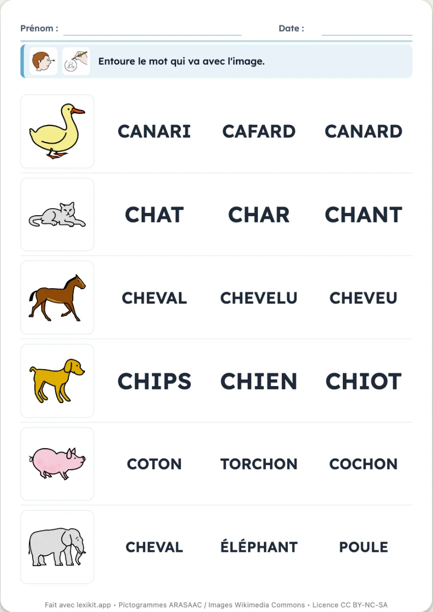 Fiche où le mot de chaque image est à entourer parmi des mots proches