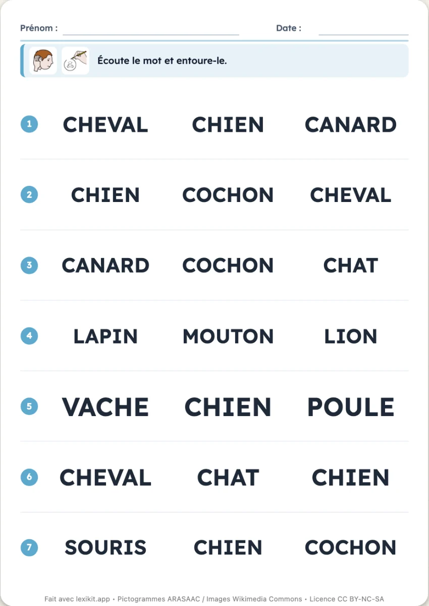 Fiche de lignes numérotées où le mot entendu est à entourer