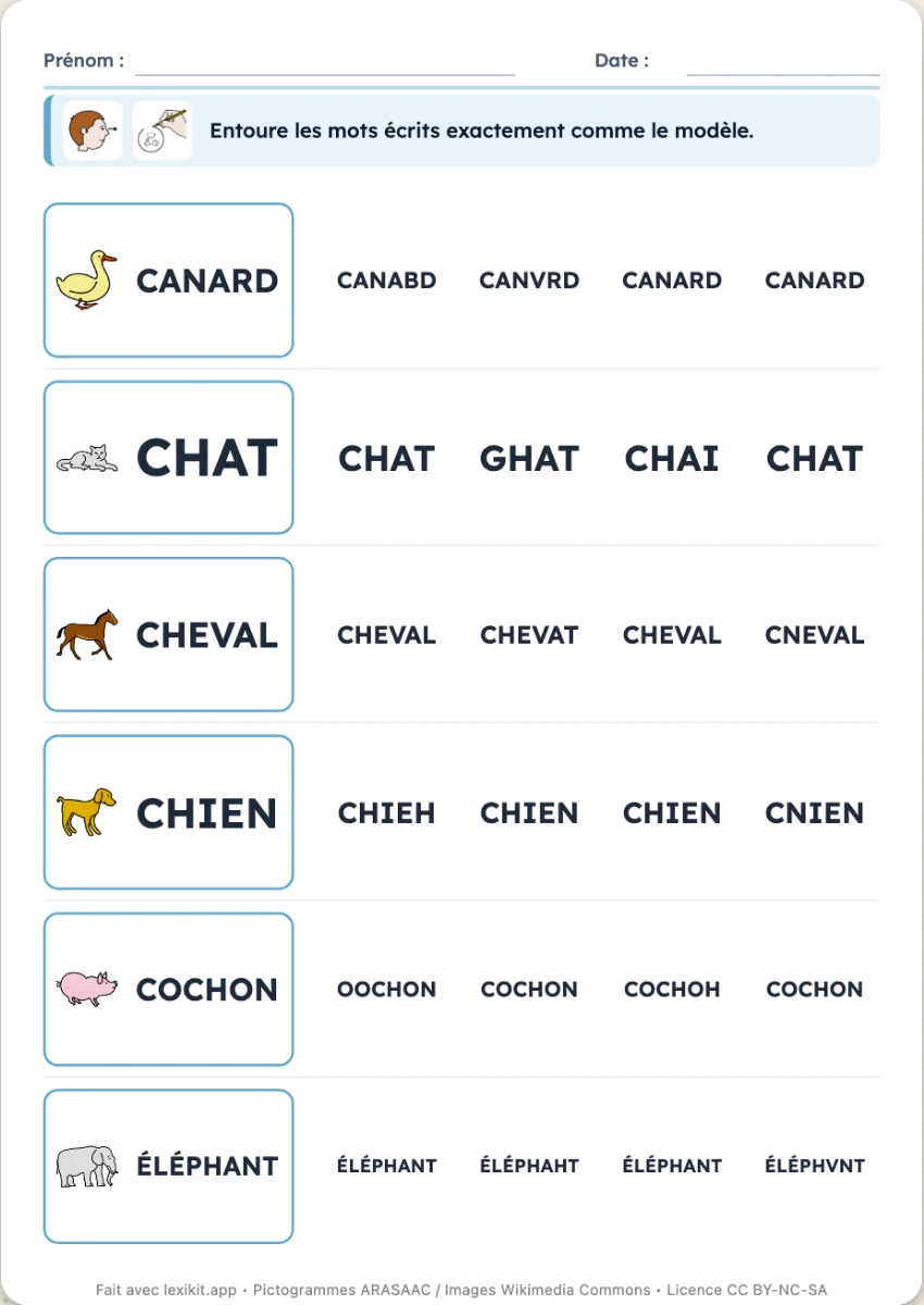 Fiche où le mot modèle est à retrouver parmi des mots proches