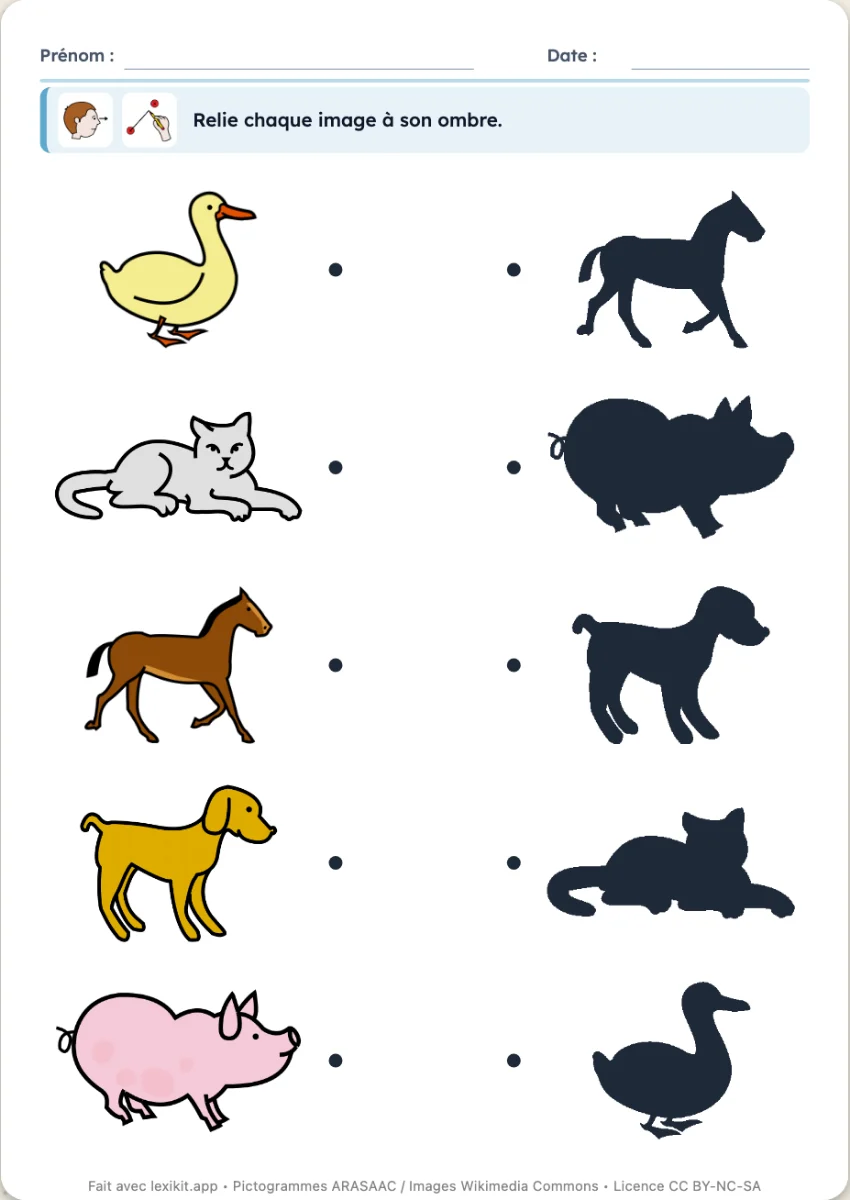 Fiche où des images sont à relier à leurs silhouettes noires