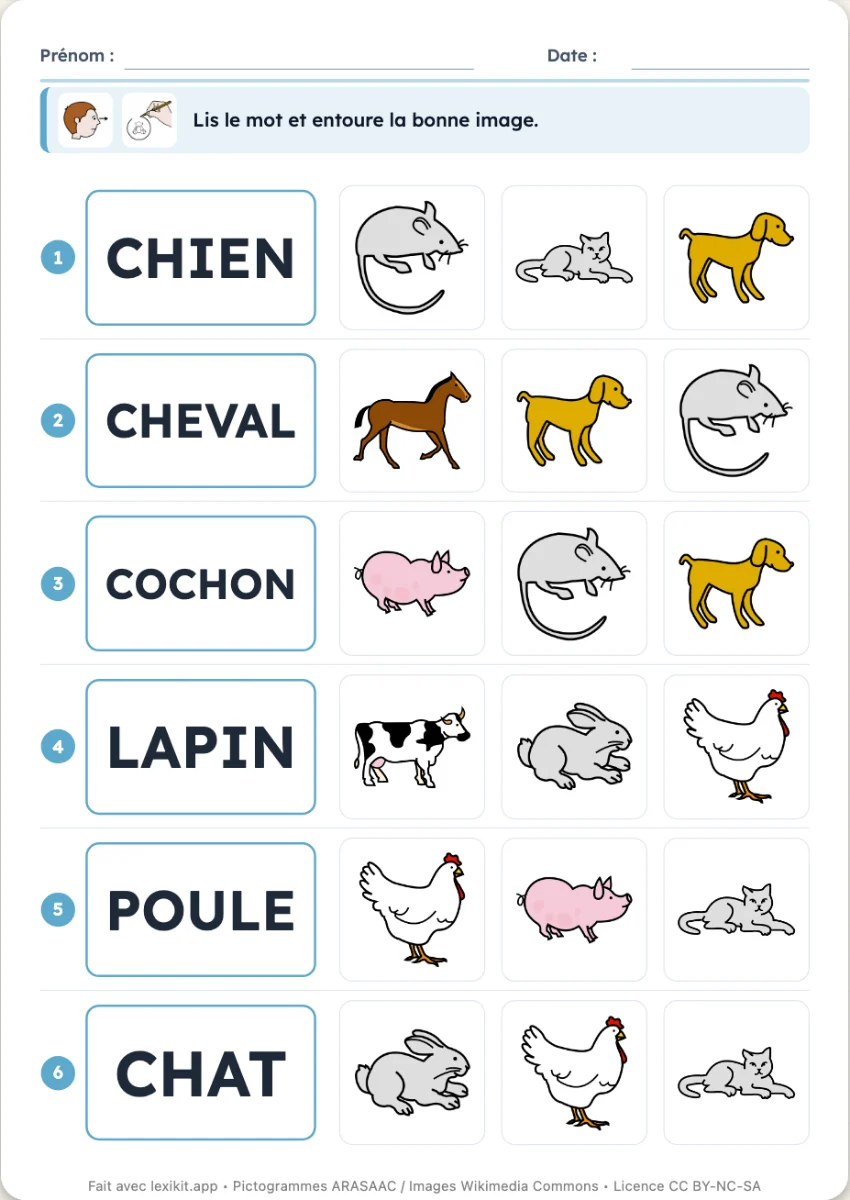 Fiche où chaque mot écrit est à relier à son image parmi plusieurs