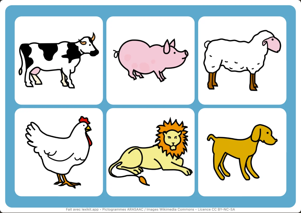 Planche de loto illustrée avec des animaux : chat, chien, lapin, vache