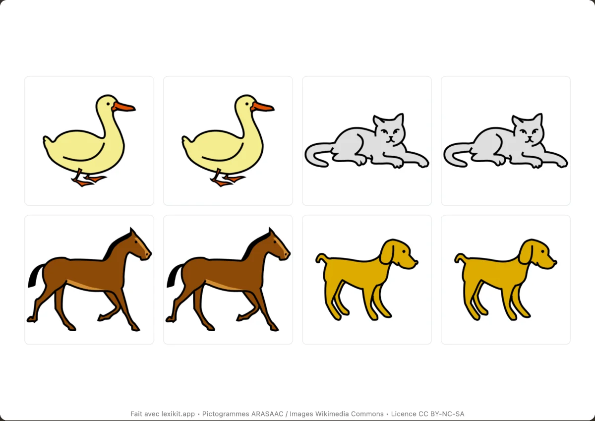 Page de memory avec des paires de cartes d'animaux